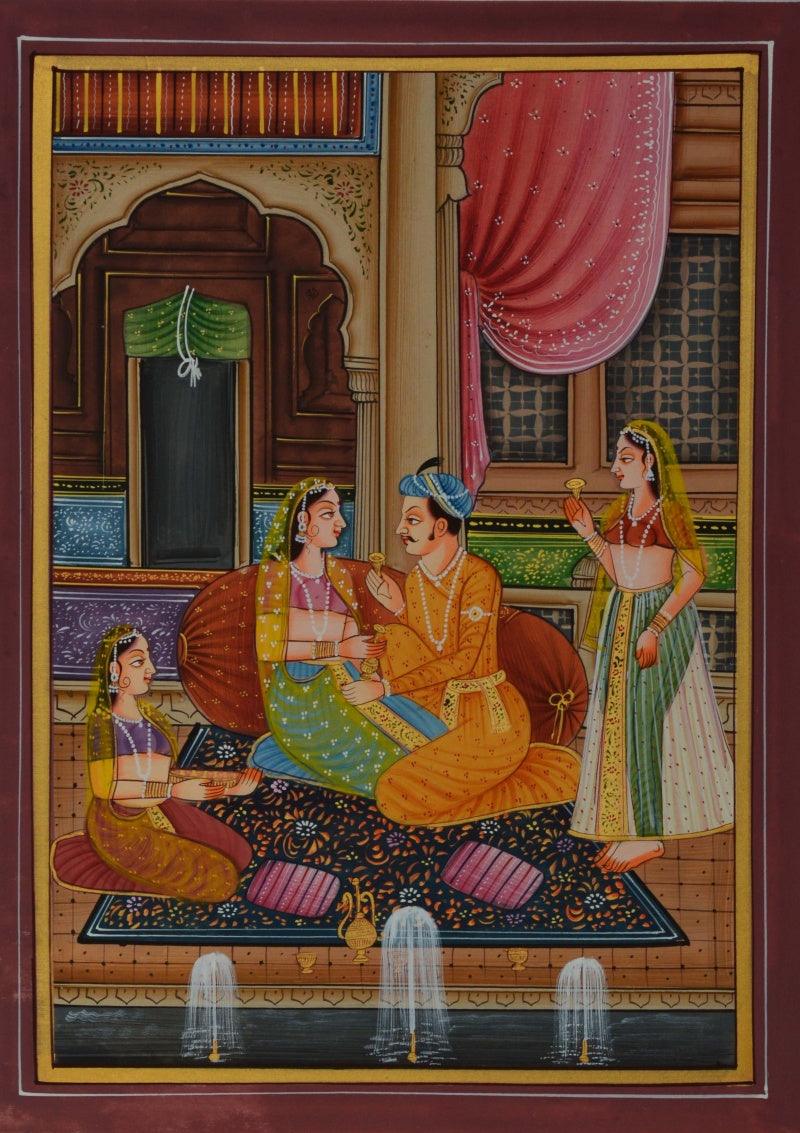 Figurative mughal traditional art titled 'King And Queen With Sevika', 12x9 inches, by artist Unknown on Silk