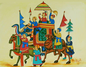 King Of The Procession (Majestic Grandeur) by Ragunath, Original Oil Fantasy Painting on Canvas, Small Horizontal Wall Art