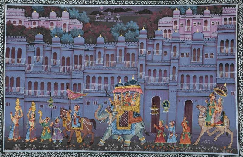 Figurative mughal traditional art titled 'King Procession Through Town 1', 11x16 inches, by artist Unknown on Silk