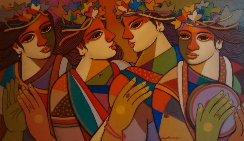 Figurative acrylic painting titled 'King Queen 6', 28x48 inches, by artist Avinash Deshmukh on Canvas