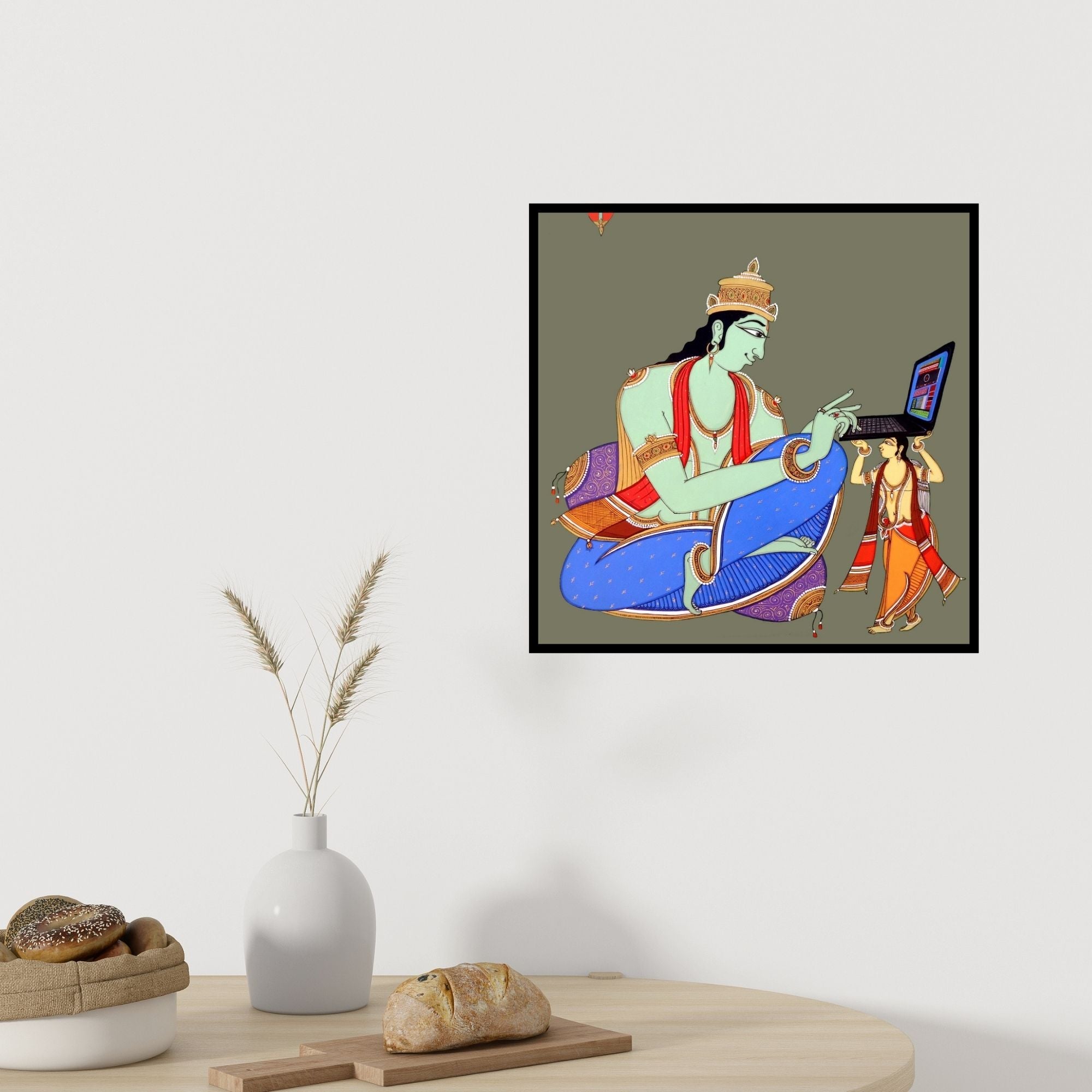 In-situ view of Shahed Pasha's 'King Using Laptop (Digital Krishna)' painting in a room