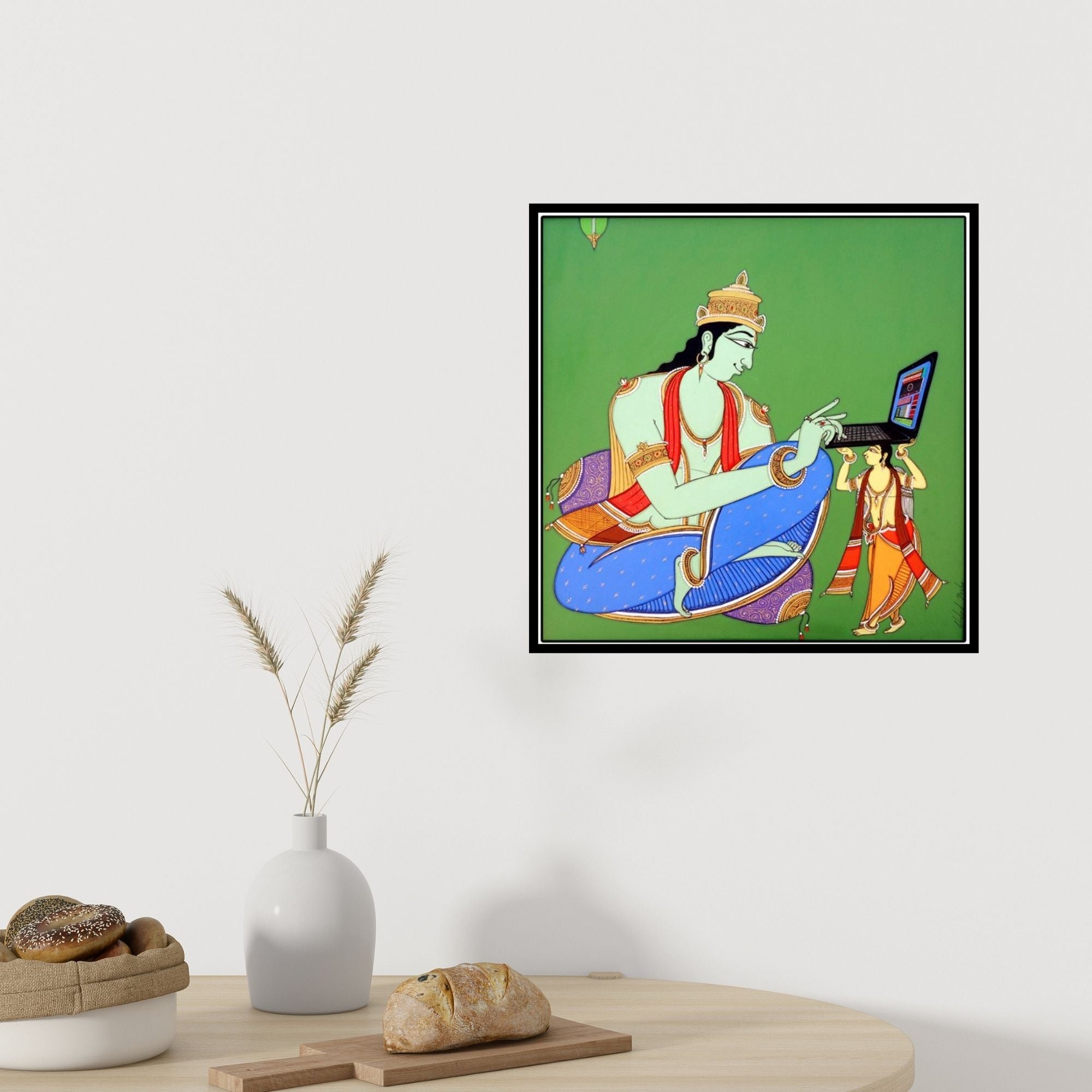 In-situ view of Shahed Pasha's 'King Using Laptop' painting in a room