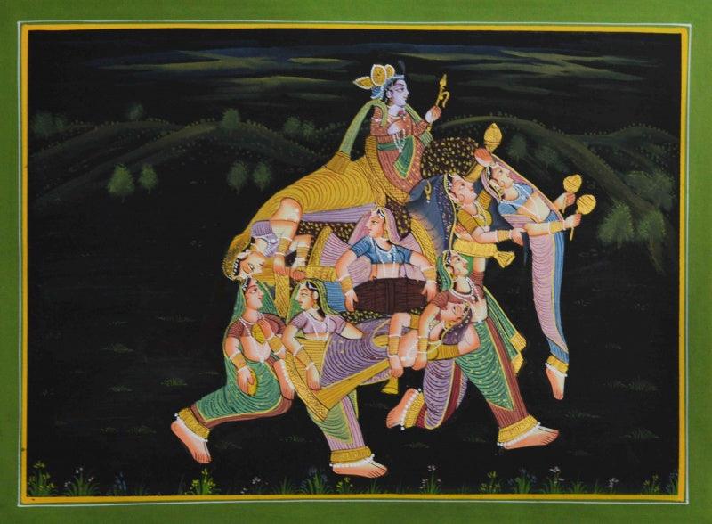 Figurative mughal traditional art titled 'King With His Women 2', 9x12 inches, by artist Unknown on Silk