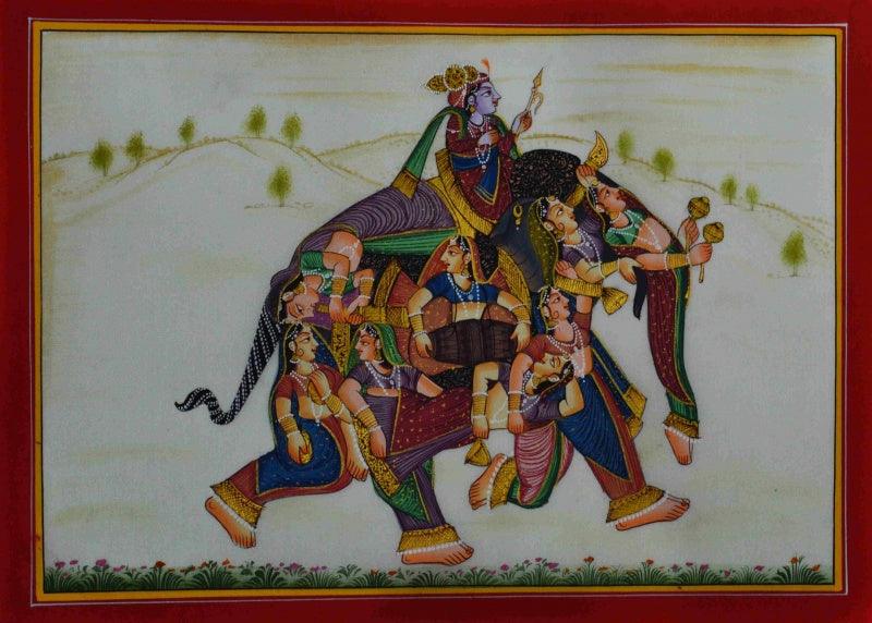 Figurative mughal traditional art titled 'King With His Women 3', 9x12 inches, by artist Unknown on Silk