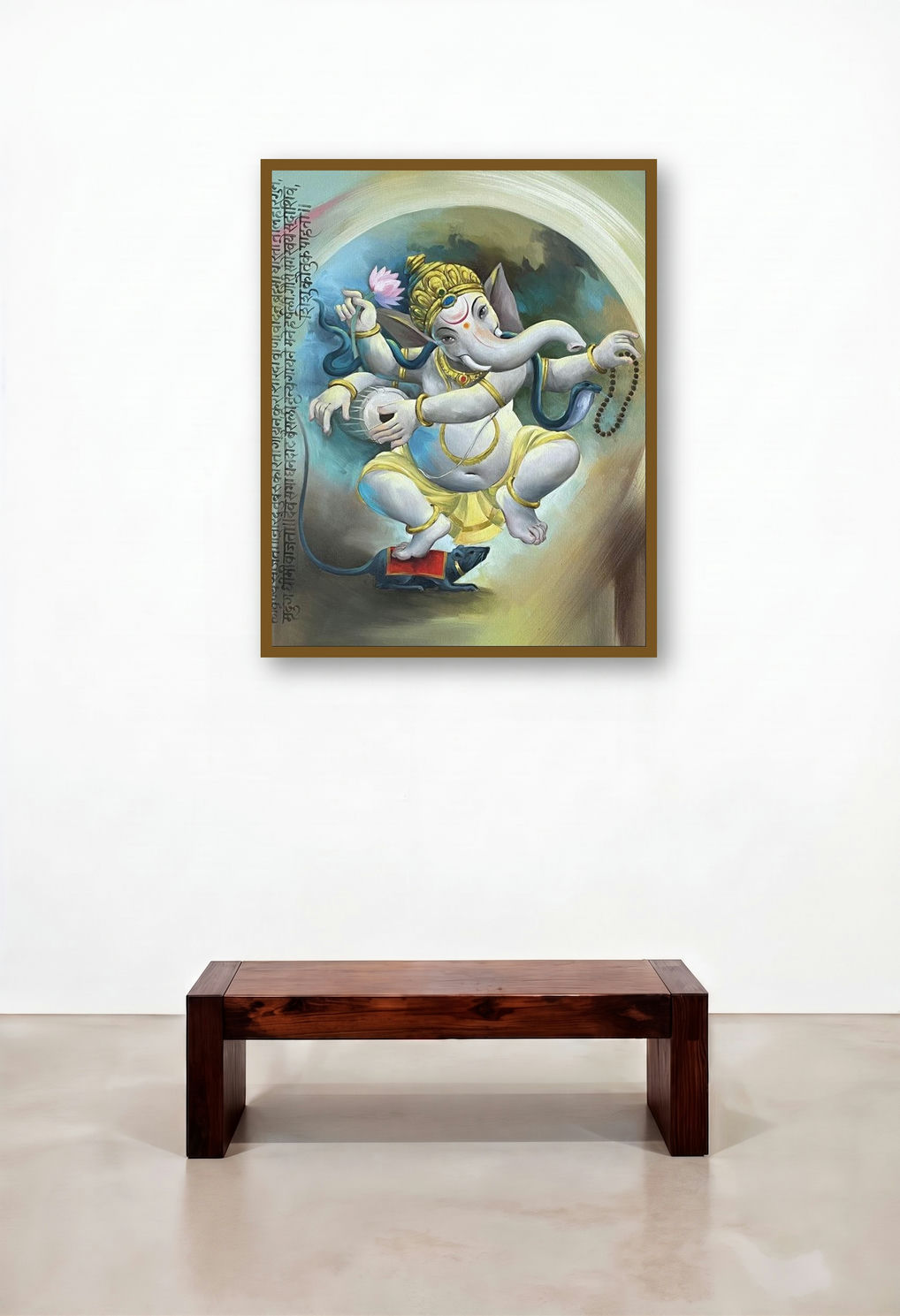 Kirti (Dancing Ganesha with Mantra Background) by artist Namdev M Patil displayed in a Industrial Living Room