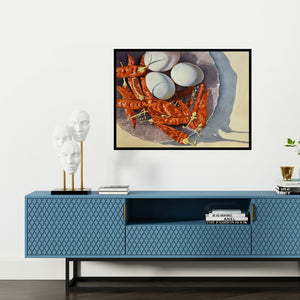 Preview of 'The Kitchen 3 (Spicy Still Life)' Painting by Yojana Dehankar shown on a wall in a furnished room.