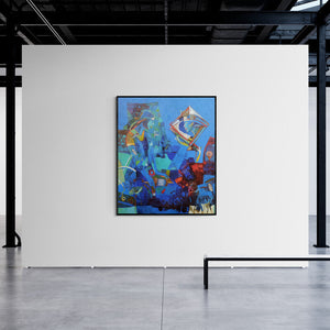 Preview of 'Kite Of Life Braj (The Lotus Thread)' Painting by Braj Mohan Arya shown on a wall in a furnished room.