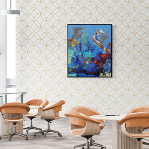 In-situ view of Braj Mohan Arya's 'Kite Of Life Braj (The Lotus Thread)' painting in a room