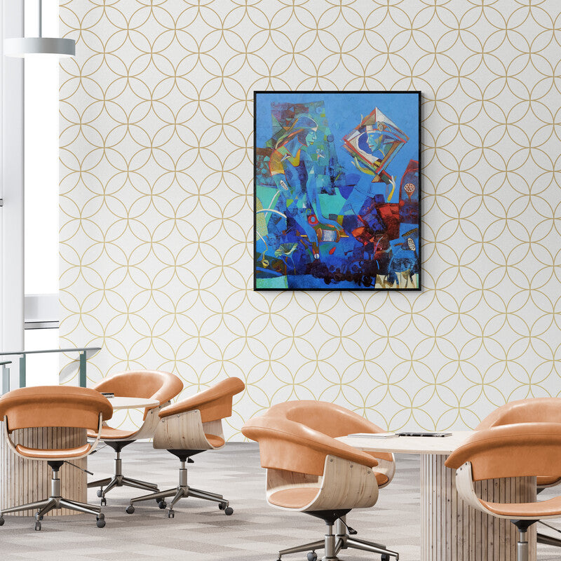 In-situ view of Braj Mohan Arya's 'Kite Of Life Braj (The Lotus Thread)' painting in a room