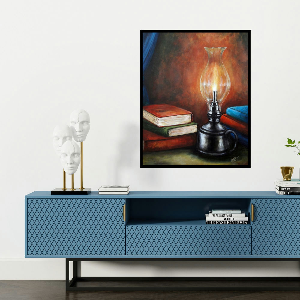 'Knowledge' painting by Seby Augustine shown on a wall in a furnished room.
