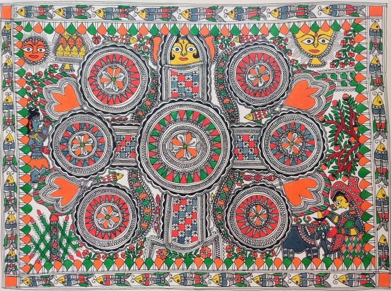 Religious madhubani traditional art titled 'Kohbar', 22x30 inches, by artist Mithilesh Jha on Paper