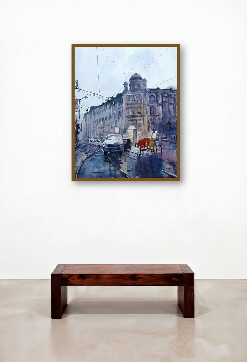 Kolkata 21 (A Rainy Day in Kolkata) by artist Raju Sarkar displayed in a Contemporary Bedroom