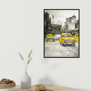 Raju Sarkar's 'Kolkata 22 (A Yellow Wave)' painting visualized above a sofa in a contemporary room.