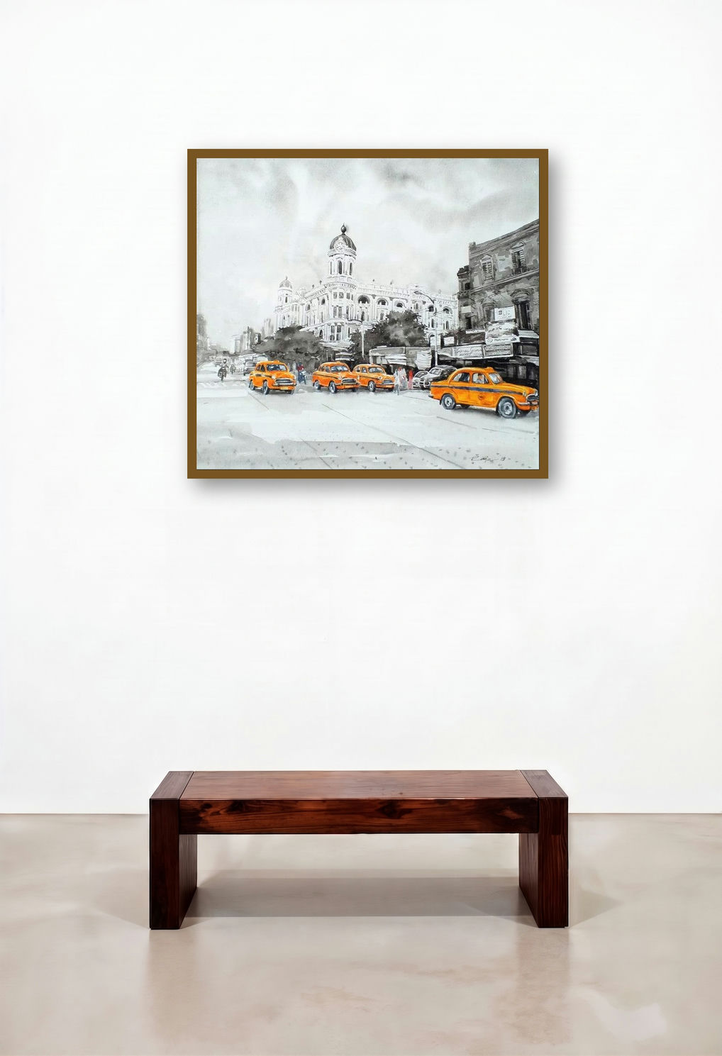 Kolkata 23 (A Symphony of Yellow) by artist Raju Sarkar displayed in a Traditional Executive Office