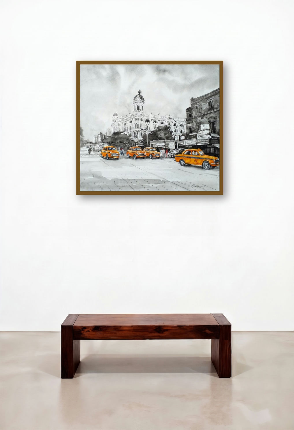 Kolkata 8 (A Cityscape in Black and Yellow) by artist Raju Sarkar displayed in a Boutique Hotel Style Lounge