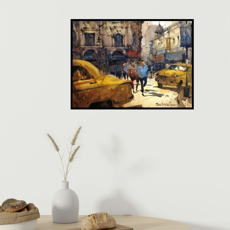 In-situ view of Subrata Malakar's 'Kolkata City (Urban Vitality)' painting in a room