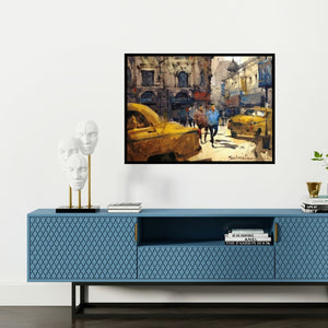Preview of 'Kolkata City (Urban Vitality)' Painting by Subrata Malakar shown on a wall in a furnished room.