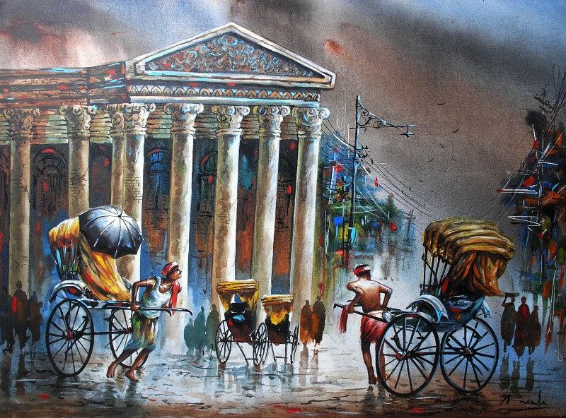 Cityscape acrylic painting titled 'Kolkata II', 30x40 inches, by artist Ananda Das on Canvas