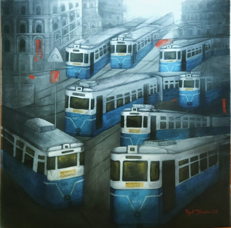 Cityscape acrylic painting titled 'Kolkata My City', 24x24 inch, by artist Payel Mitra Sarkar on Canvas