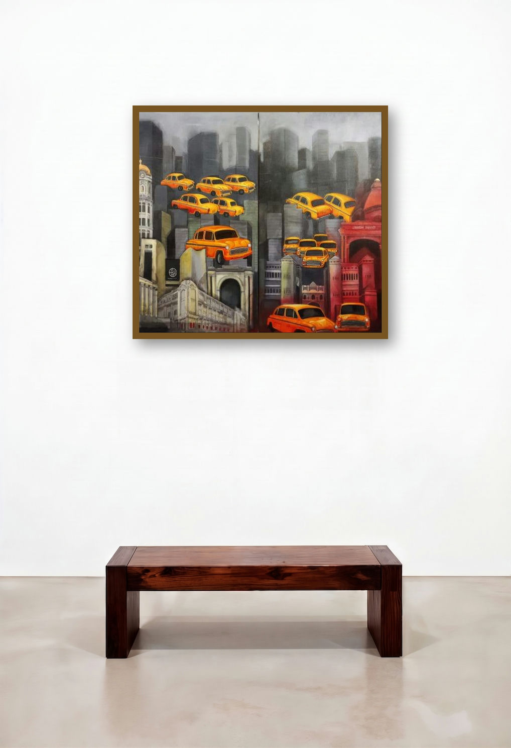 Kolkata My City 11 (Diptych) by artist Payel Mitra Sarkar displayed in a Elegant Family Room
