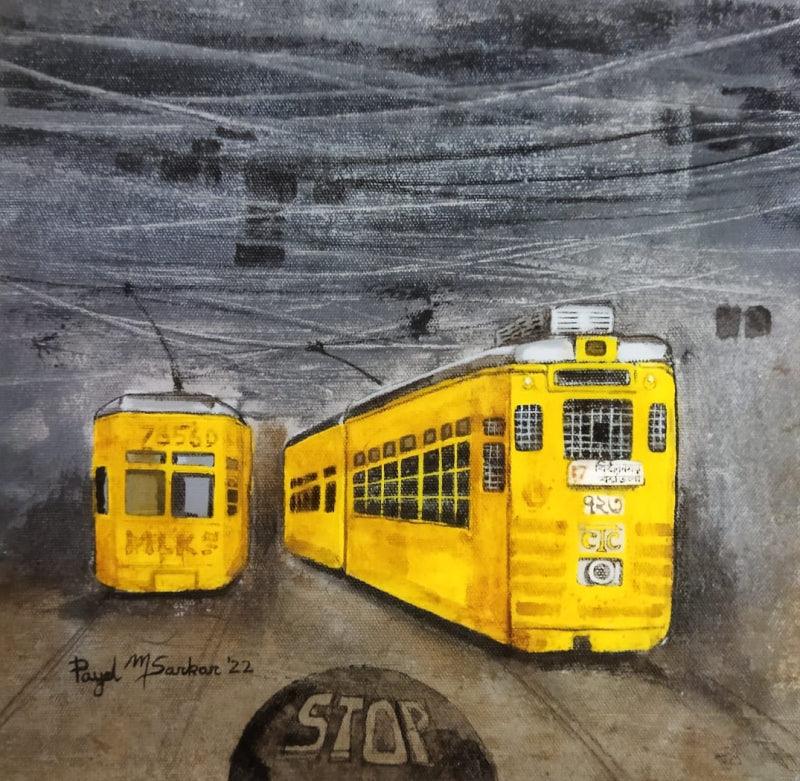 Cityscape acrylic painting titled 'Kolkata My City 2', 20x20 inches, by artist Payel Mitra Sarkar on Canvas