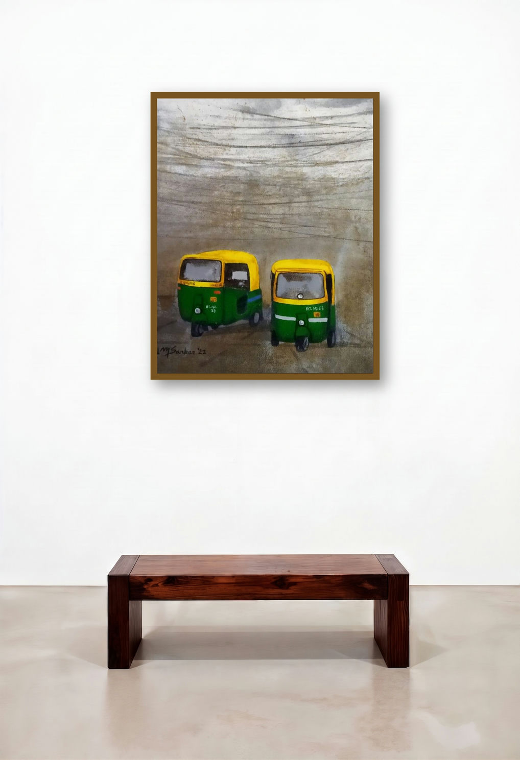 Kolkata My City 3 (Cityscape in the Mist) by artist Payel Mitra Sarkar displayed in a Modern Bedroom