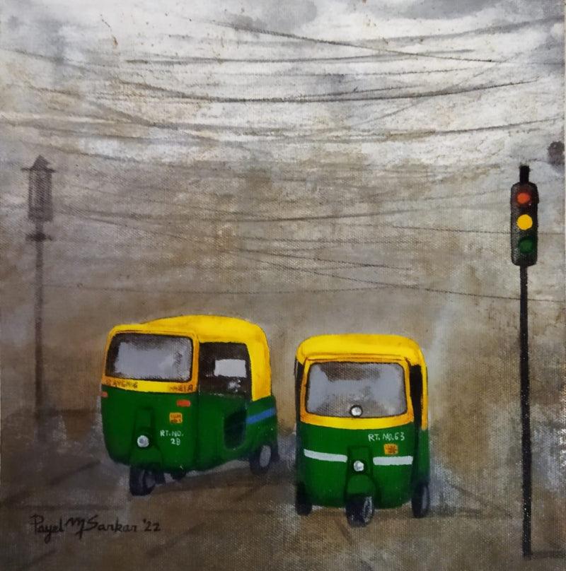 Transportation acrylic painting titled 'Kolkata My City 3', 20x20 inches, by artist Payel Mitra Sarkar on Canvas