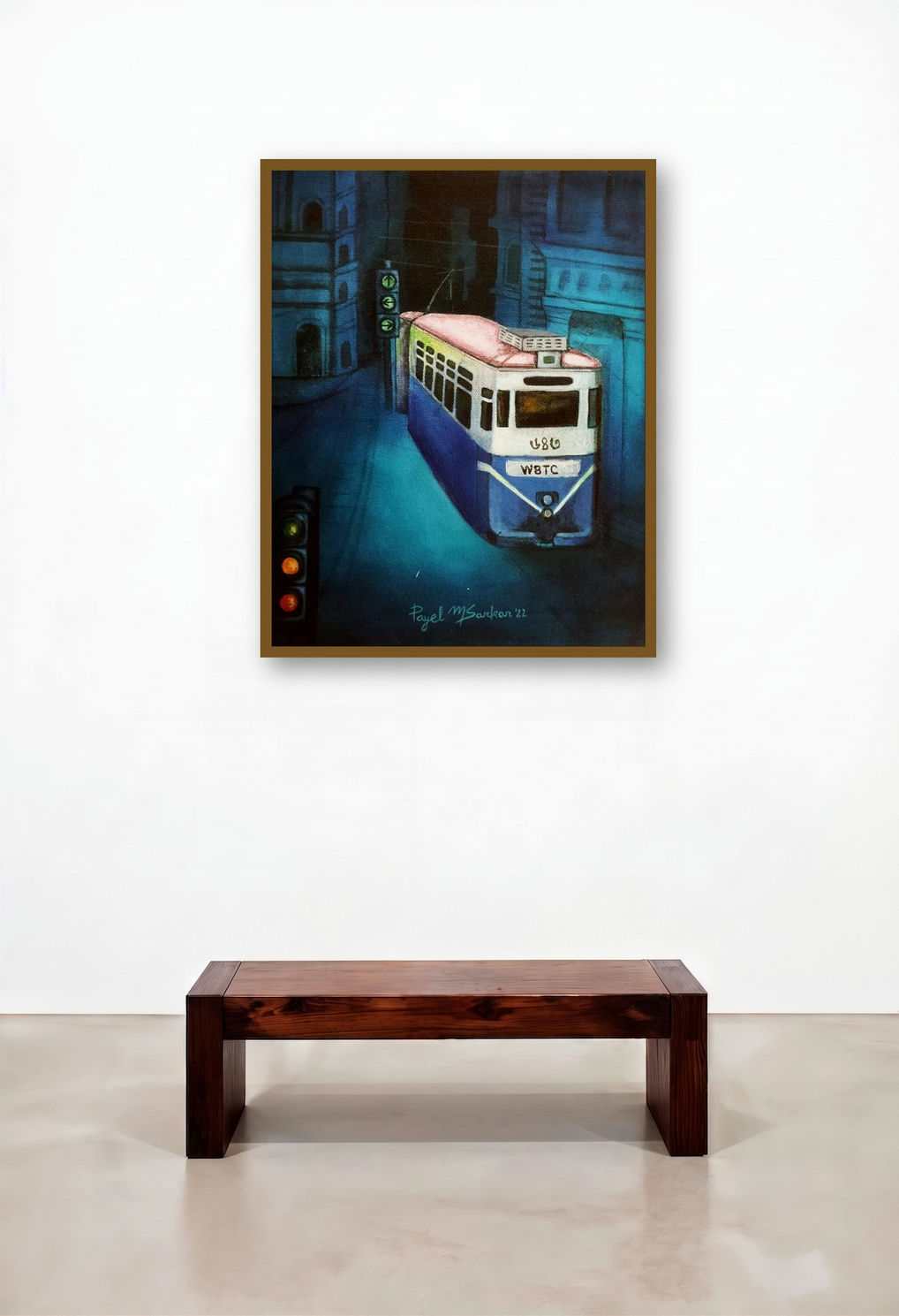 Kolkata My City 7 (Night Tram) by artist Payel Mitra Sarkar displayed in a Modern Lounge