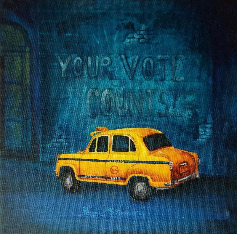 Cityscape acrylic painting titled 'Kolkata My City 8', 10x10 inches, by artist Payel Mitra Sarkar on Canvas