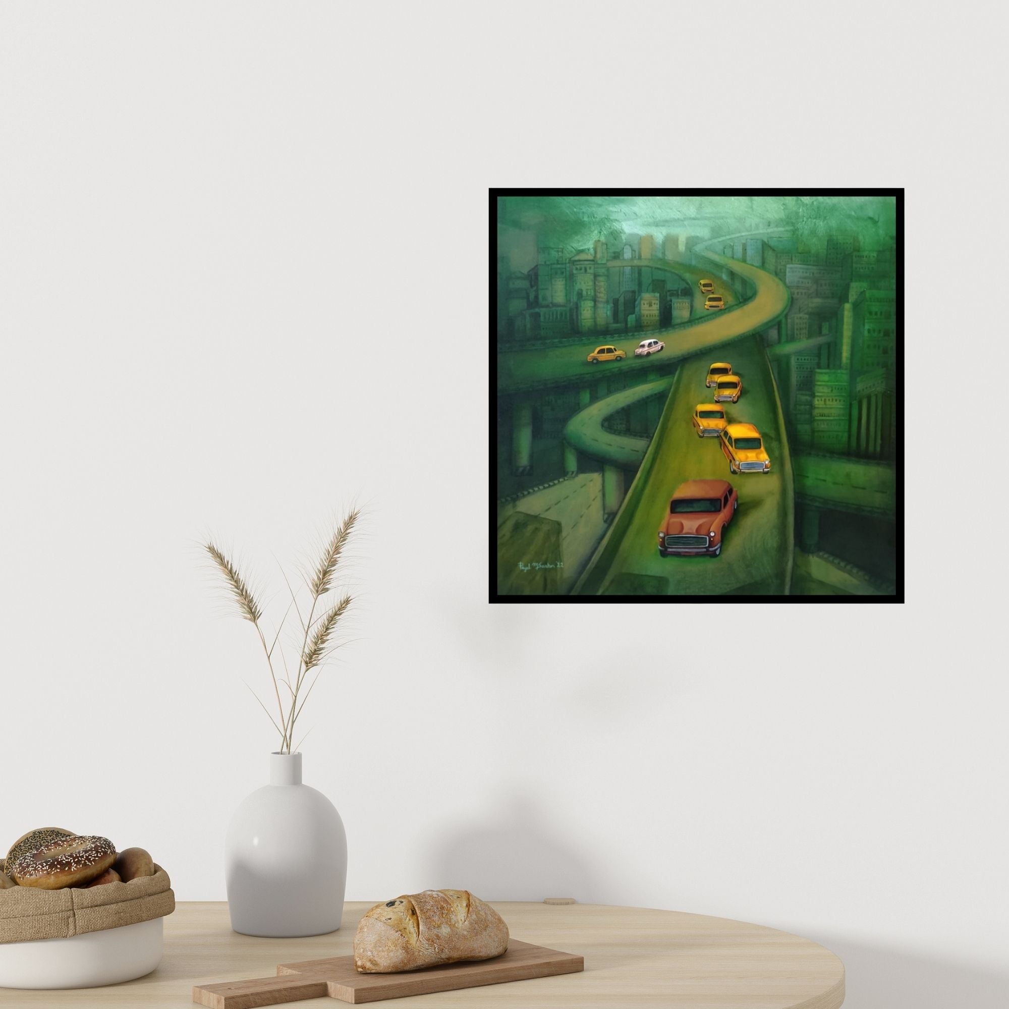 In-situ view of Payel Mitra Sarkar's 'Kolkata My City 9 (A Winding Road)' painting in a room