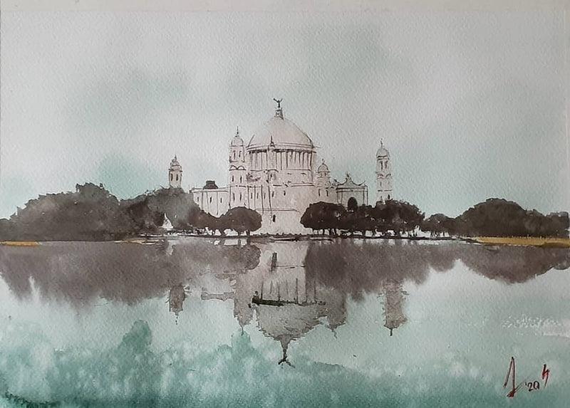 Cityscape watercolor painting titled 'Kolkata Series 27', 11x14 inches, by artist Arunava Ray on Paper