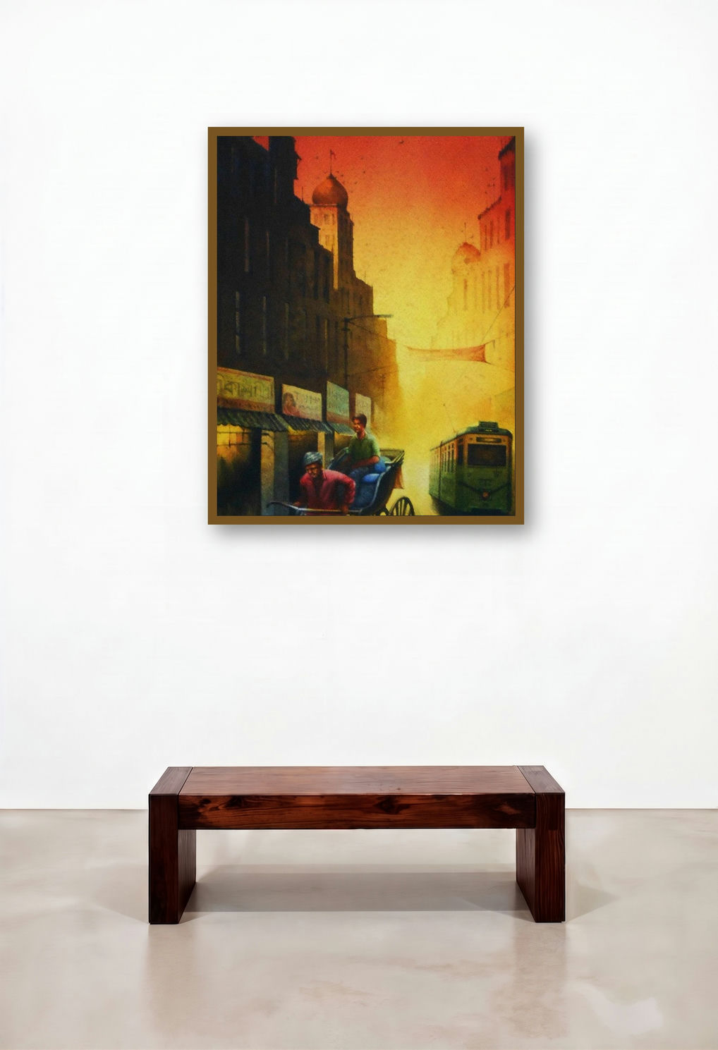 Kolkata Series 41 (Twilight Commute) by artist Sudipta Karmakar displayed in a Traditional Living Room