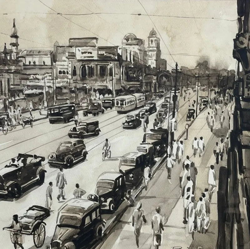 Cityscape watercolor painting titled 'Kolkata Street 1', 17x17 inch, by artist Raju Sarkar on Paper