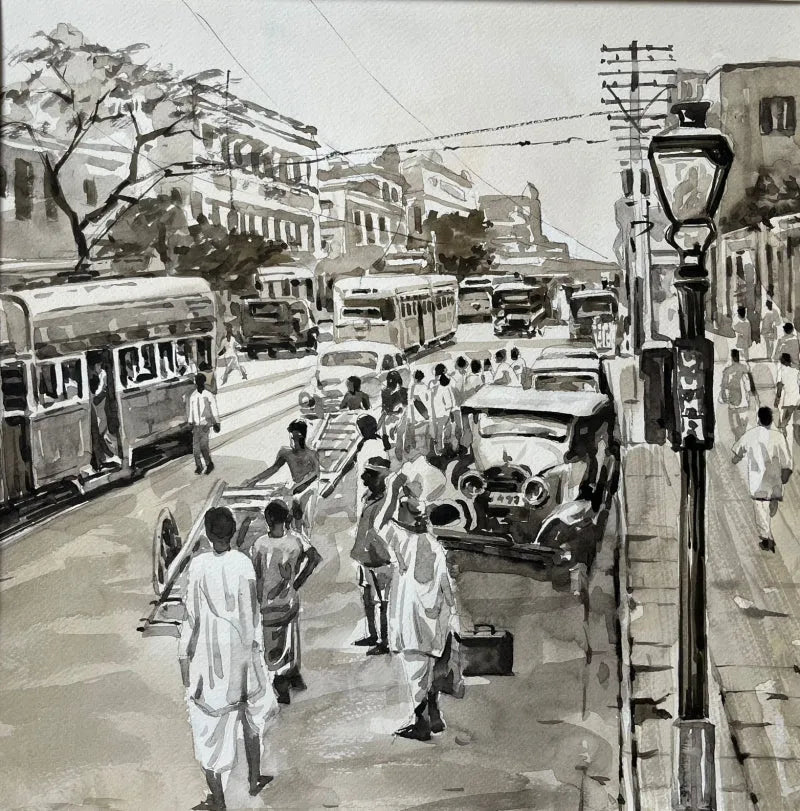 Cityscape watercolor painting titled 'Kolkata Street 2', 17x17 inch, by artist Raju Sarkar on Paper
