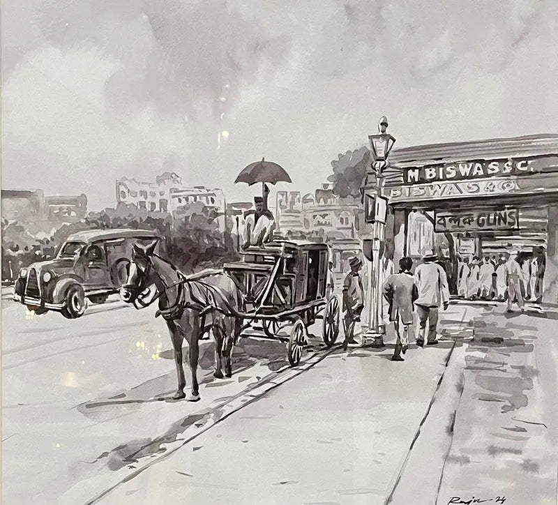 Cityscape watercolor painting titled 'Kolkata Street 7', 22x24 inch, by artist Raju Sarkar on Paper