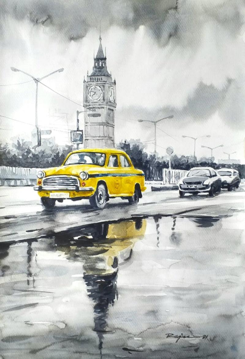 Cityscape watercolor painting titled 'Kolkata Street', 22x15 inches, by artist Raju Sarkar on Paper