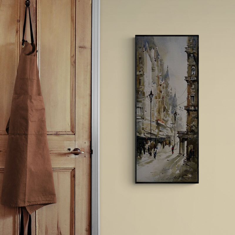 In-situ view of Ashif Hossain's 'Kolkata Streets 2 (Dawn in Kolkata)' painting in a room