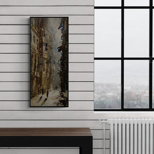 Preview of 'Kolkata Streets 3 (Morning Stroll in Kolkata)' Painting by Ashif Hossain shown on a wall in a furnished room.