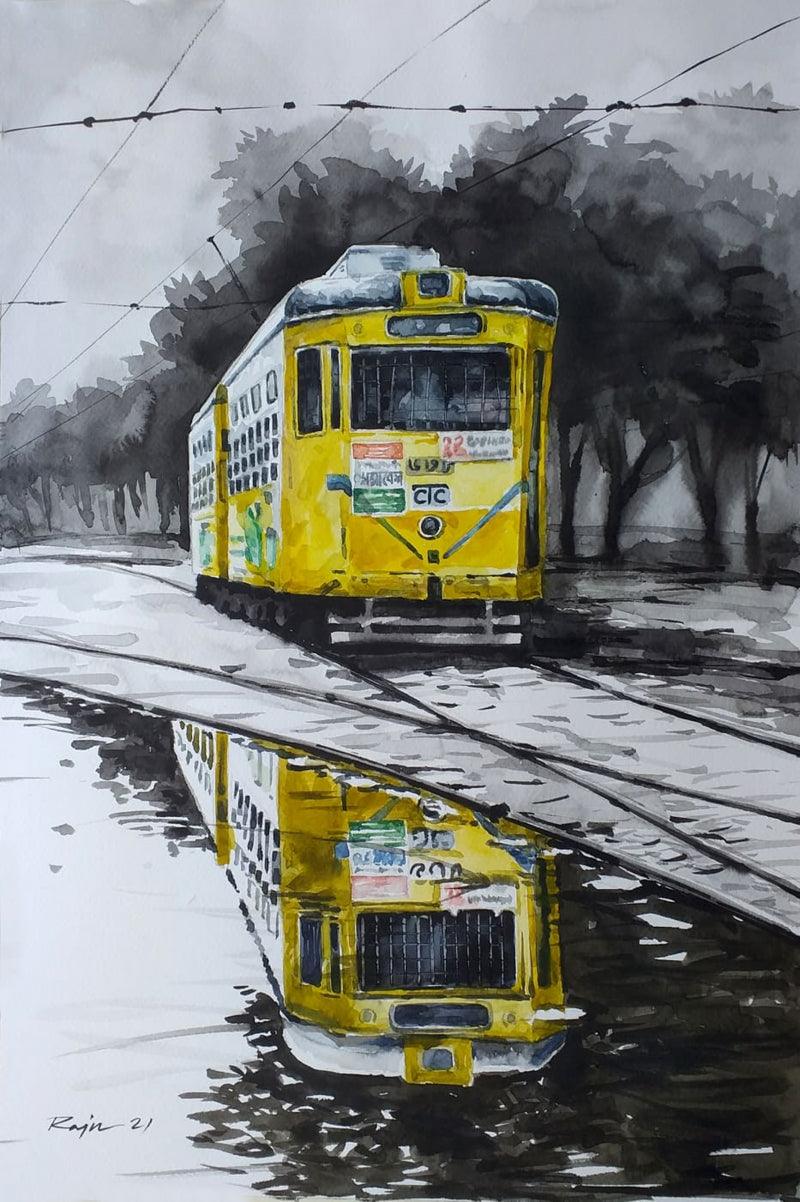 Cityscape watercolor painting titled 'Kolkata Tram', 22x15 inches, by artist Raju Sarkar on Paper