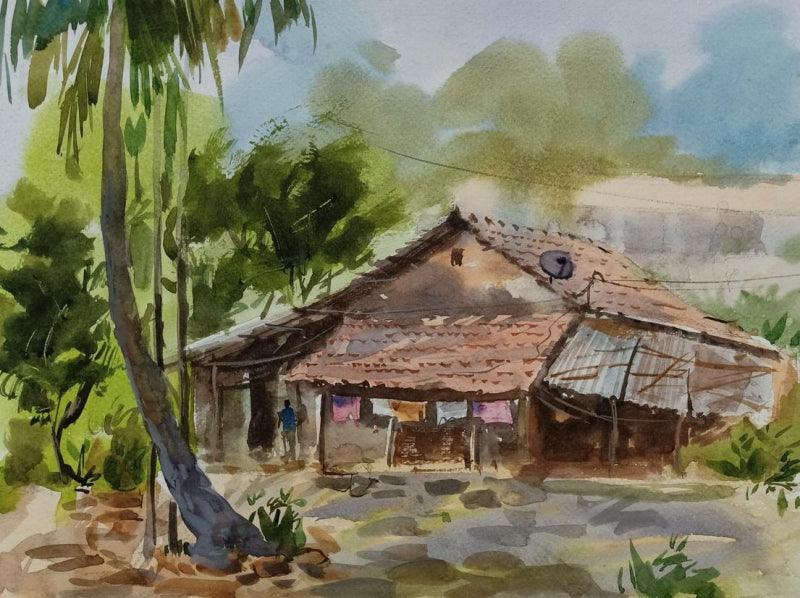 Cityscape watercolor painting titled 'Konkan', 12x16 inches, by artist Ashwin Khapare on Paper