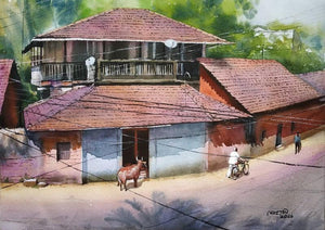 Konkan Diaries 1 (Rural Scene) by Niketan Bhalerao, Original Watercolor Cityscape Painting on Paper, Small Horizontal Wall Art