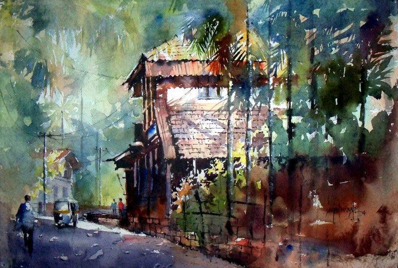 Landscape watercolor painting titled 'Konkan House', 15x22 inches, by artist Sanjay Dhawale on Handmade Paper