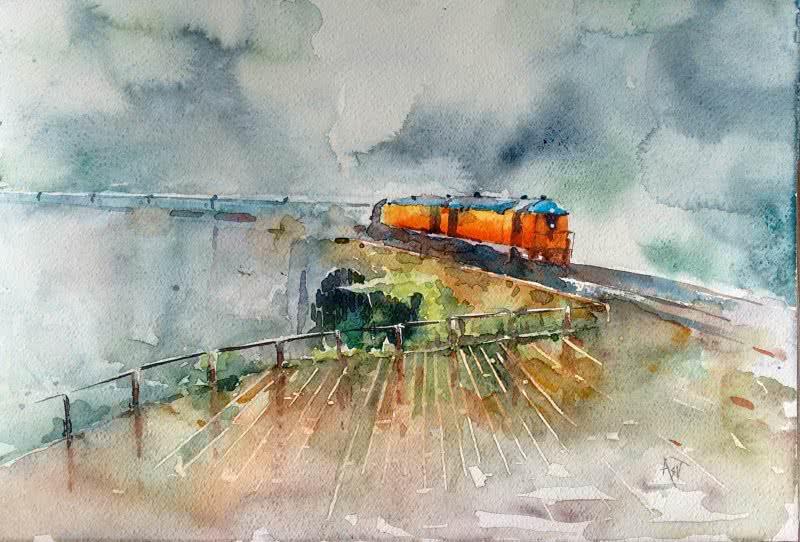 Landscape watercolor painting titled 'Konkan Rail', 18x12 inches, by artist Asit Singh on Paper