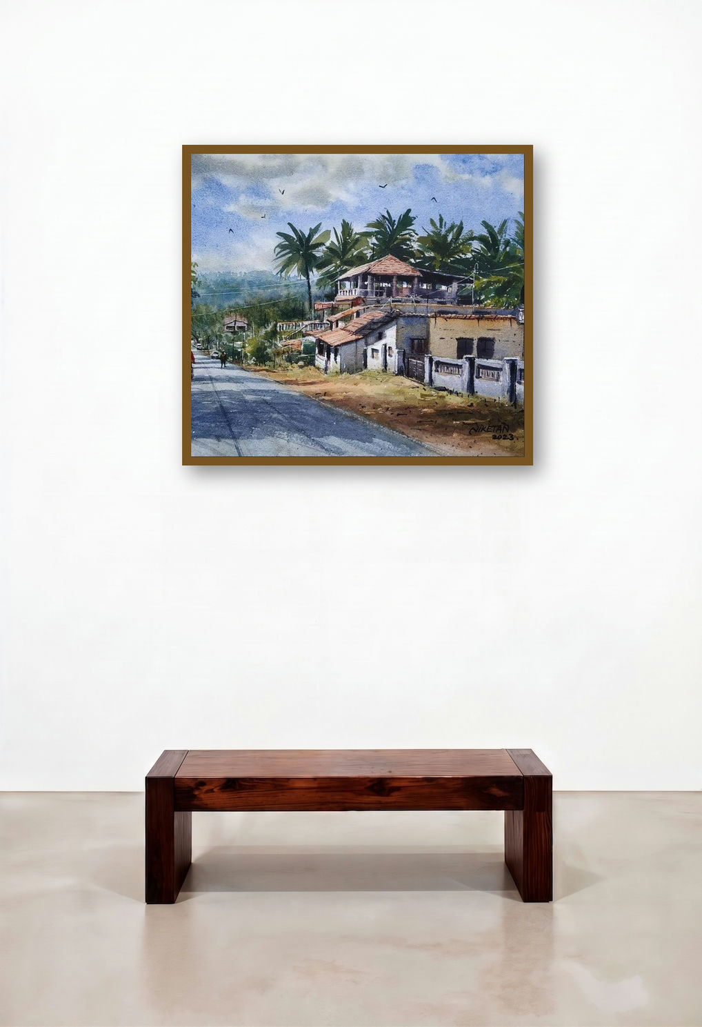 Konkan Series 2 (Peaceful Village Road) by artist Niketan Bhalerao displayed in a Minimalist Hotel Suite