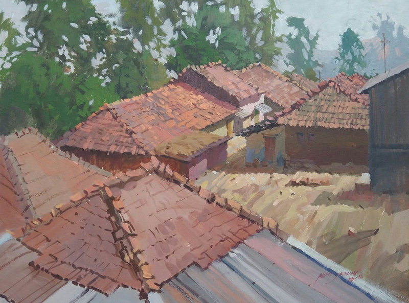 'Konkan Village' landscape watercolor painting by artist Abhijit Jadhav, 24x30 inch, on paper
