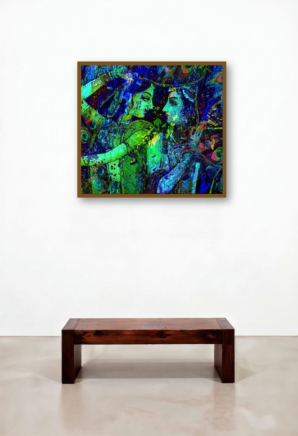 Krishana Radha (Radha Krishna Cosmic Dance) (Cosmic Dance of Radha Krishna) by artist Anil Kumar displayed in a Contemporary Luxury Hallway