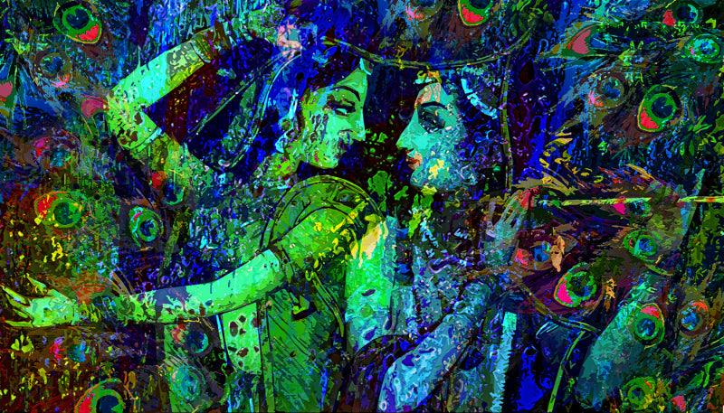 Religious mixed media painting titled 'Krishana Radha', 32x56 inches, by artist Anil Kumar on Canvas