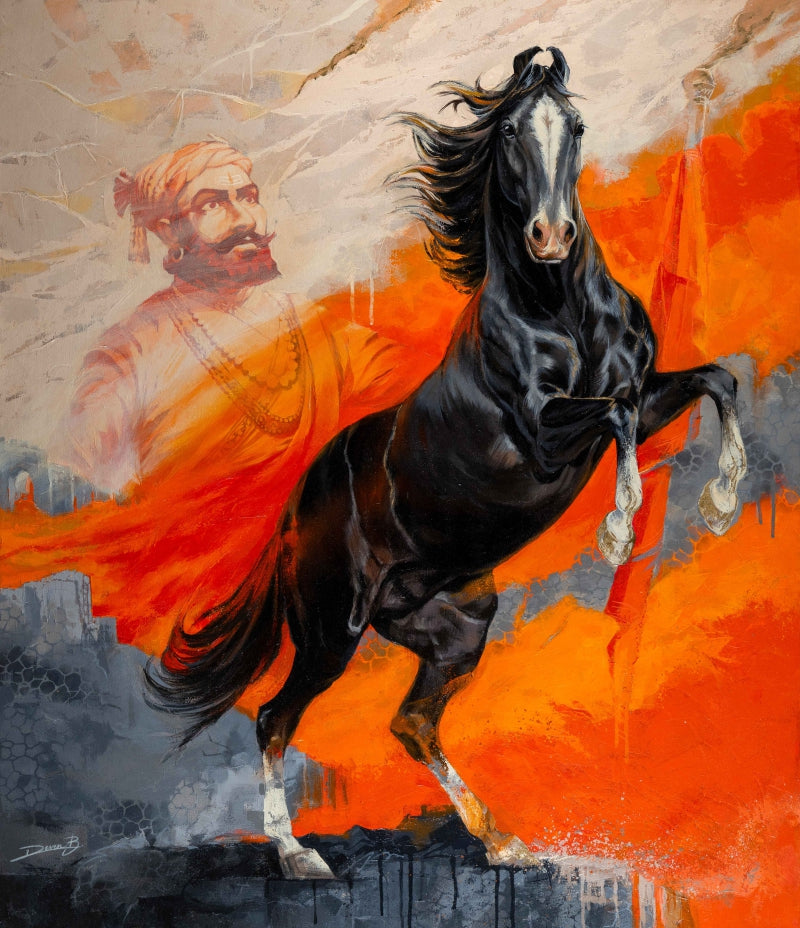 'Krishas Divine Steed' animals acrylic painting by artist Deven Ramesh Bhosale, 42x36 inch, on canvas