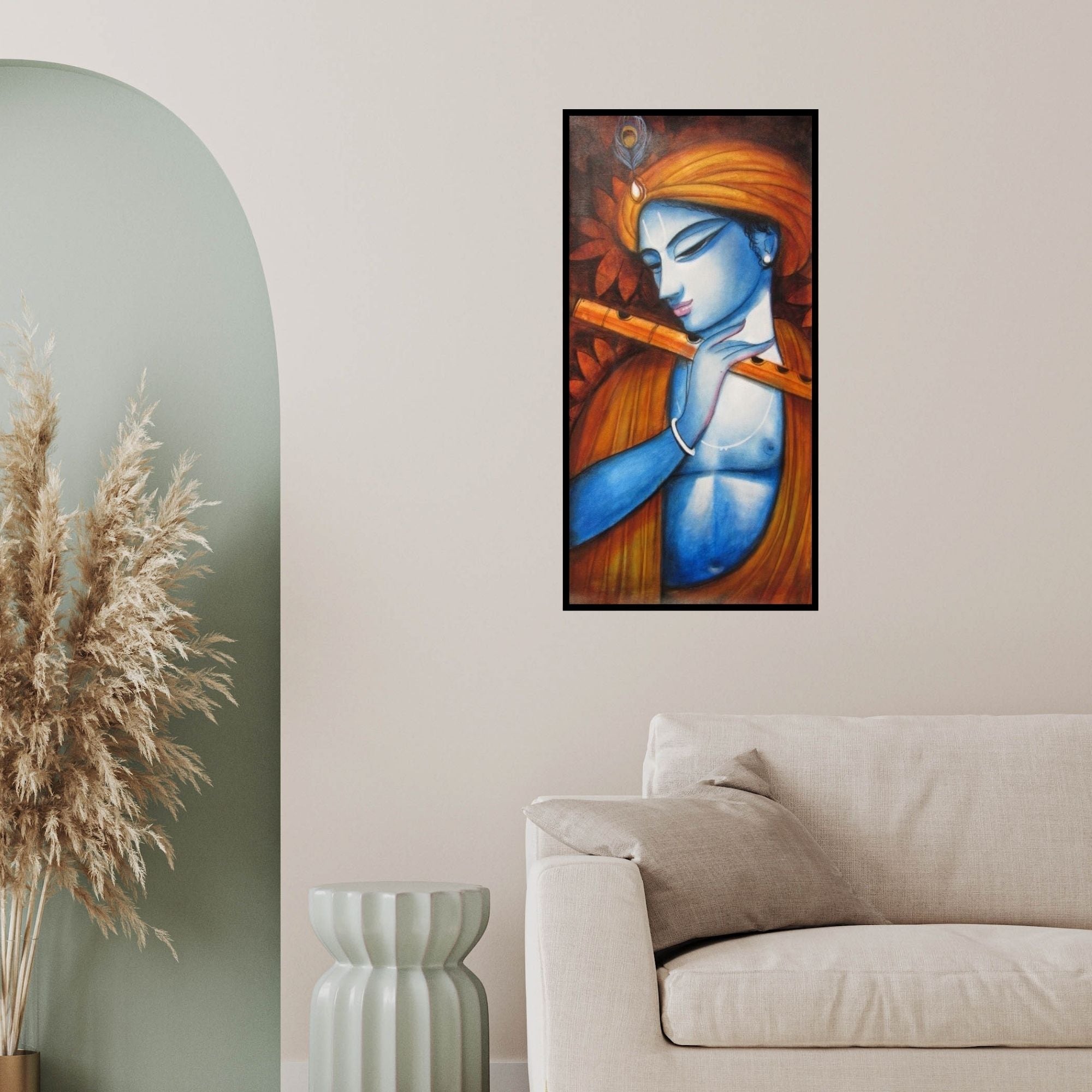 In-situ view of Pradeep Swain's 'Krishna (The Divine Musician)' painting in a room
