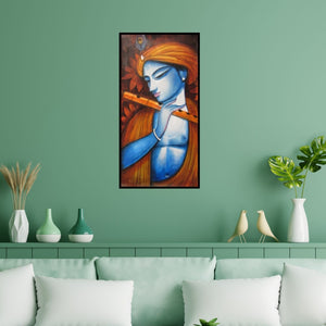 Preview of 'Krishna (The Divine Musician)' Painting by Pradeep Swain shown on a wall in a furnished room.